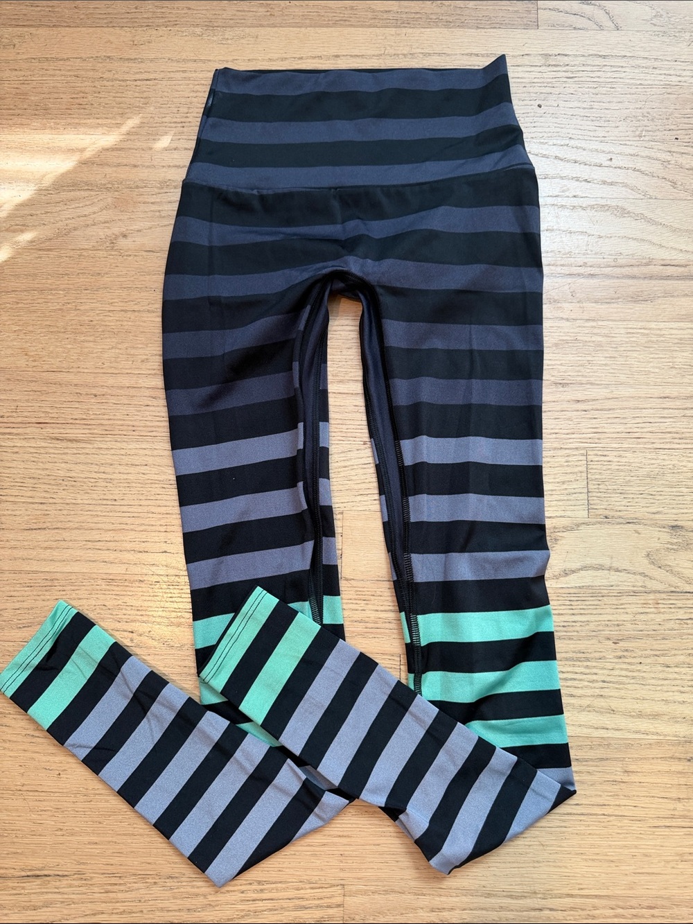 K-DEER women’s  Striped High-Waist Leggings in Black, Gray & Mint